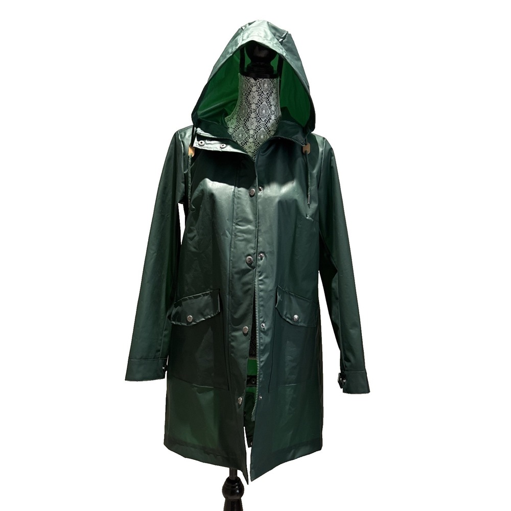 Levi's Women's Hooded Raincoat Parka Size S‎ Green Waterproof Long Jacket